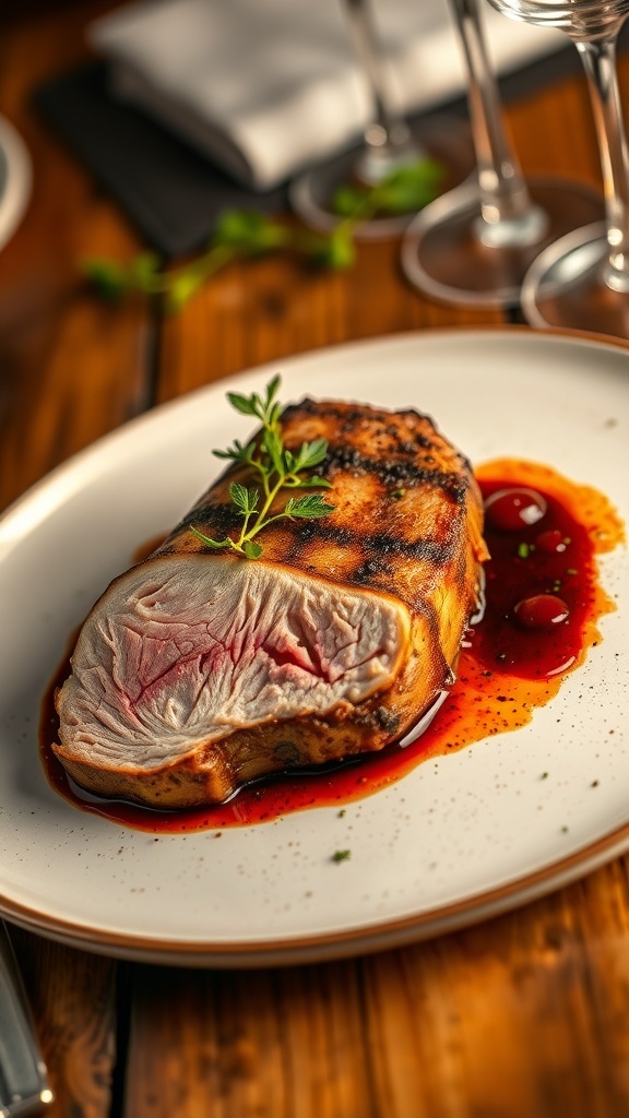 Pan-seared duck breast with crispy skin, garnished with herbs and cherry sauce on a rustic table.